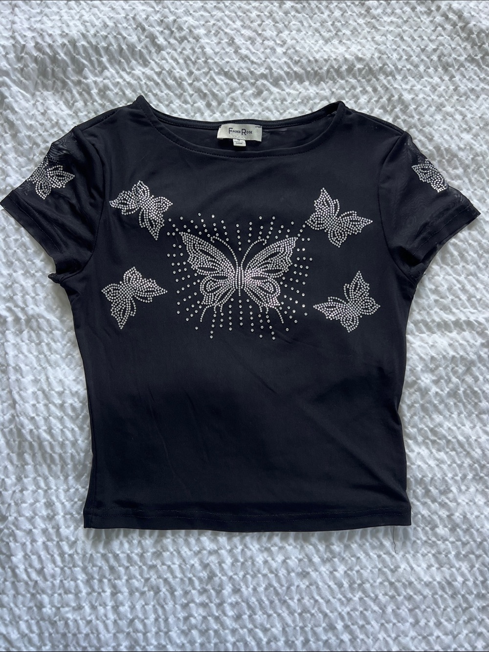 Faded Rose Black Short Sleeve Tee with Silver Rhinestone Butterfly Design*